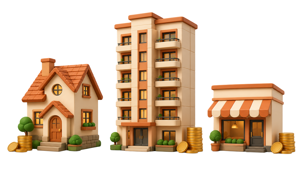 Ilustração de uma casa, um prédio de apartamentos e uma loja com moedas ao lado