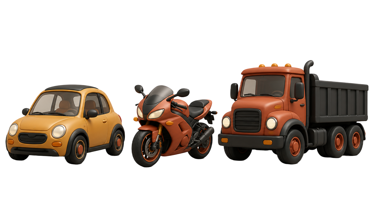 Ilustração de um carro, uma moto e um caminhão em estilo 3D de brinquedo