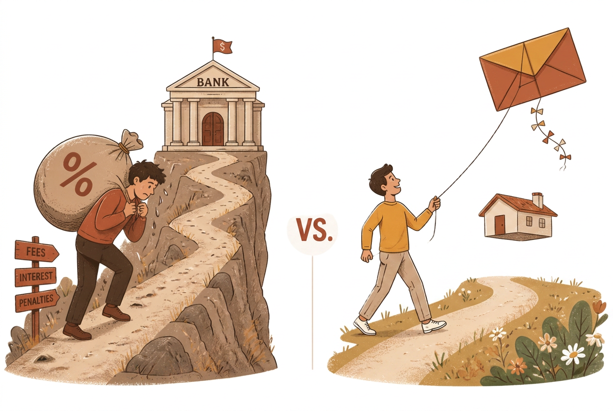 Ilustração comparando dois caminhos: um homem carregando um saco de juros até o banco e outro caminhando leve com uma pipa em forma de carta de crédito